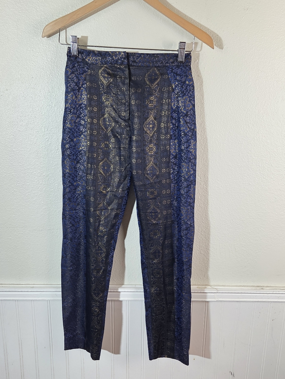 Tibi Blue Gold Metallic Brocade Slim Trousers Pants Size 2